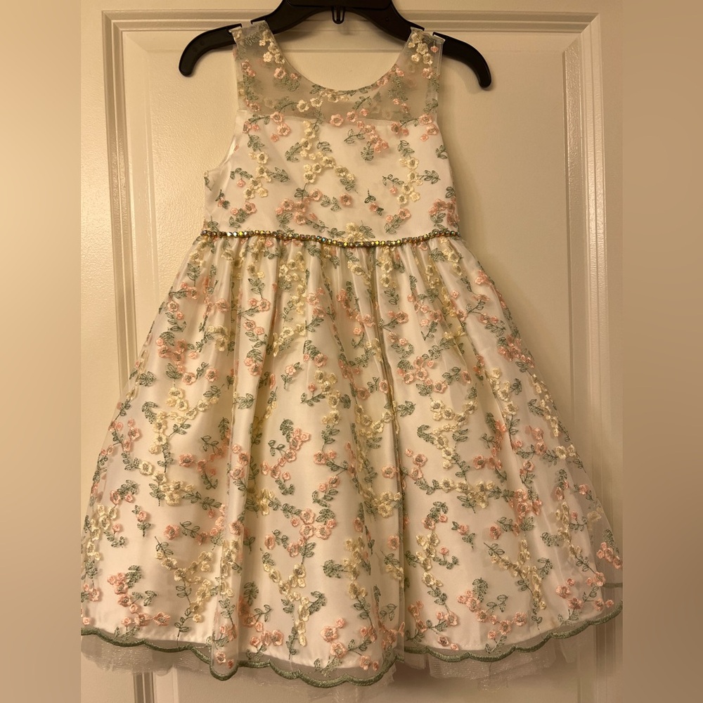 Floral Embroidered Kids Dress - Cream and Pink